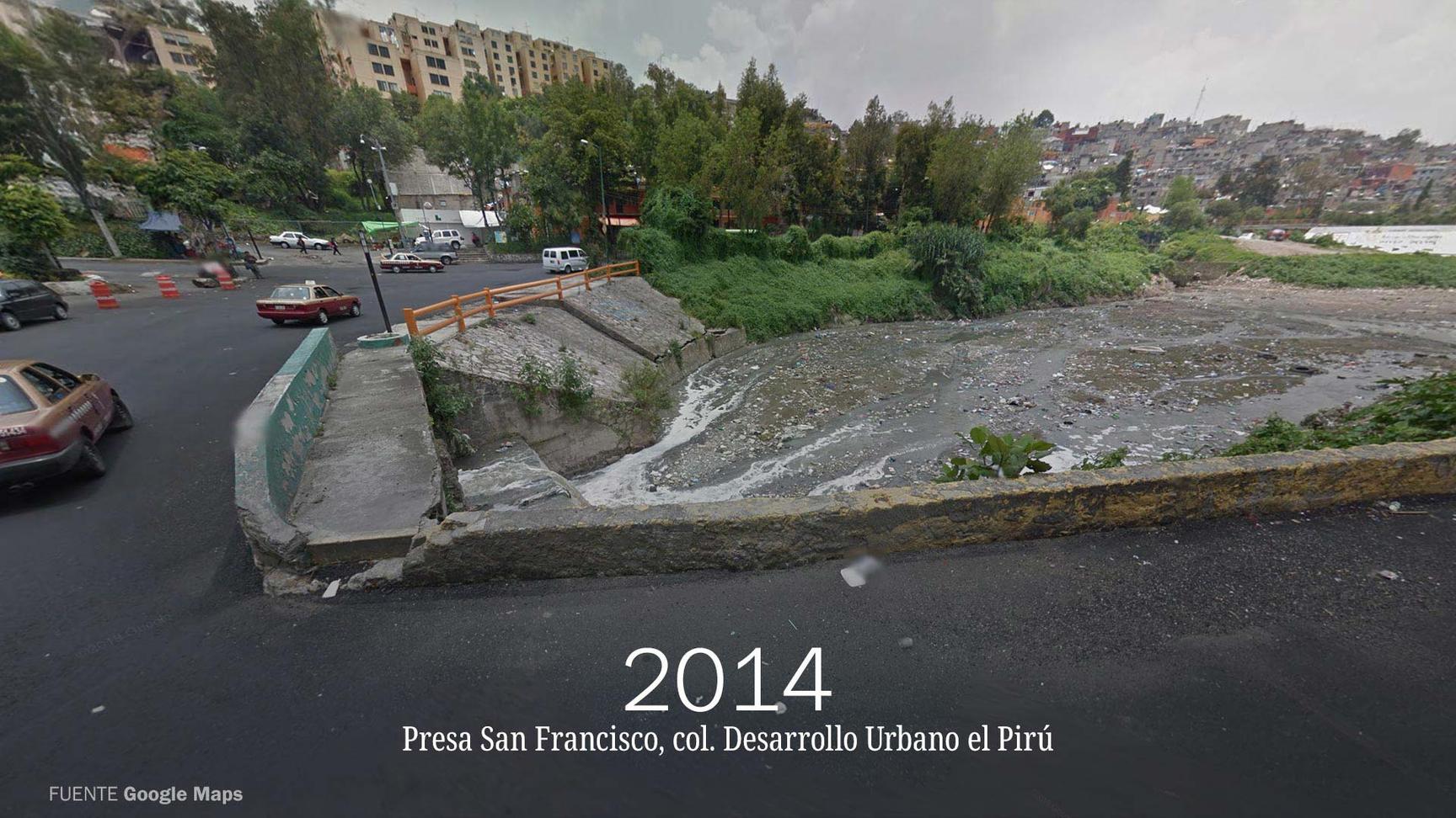 Imagen de Google Maps en la que se muestra un basurero clandestino en la Presa San Francisco en la Ciudad de México en 2014
