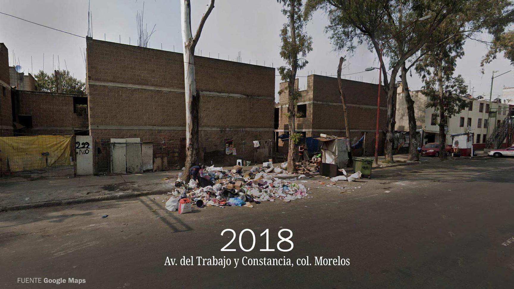 Imagen de Google Maps en la que se muestra un basurero clandestino sobre una avenida de la Ciudad de México en el año 2018